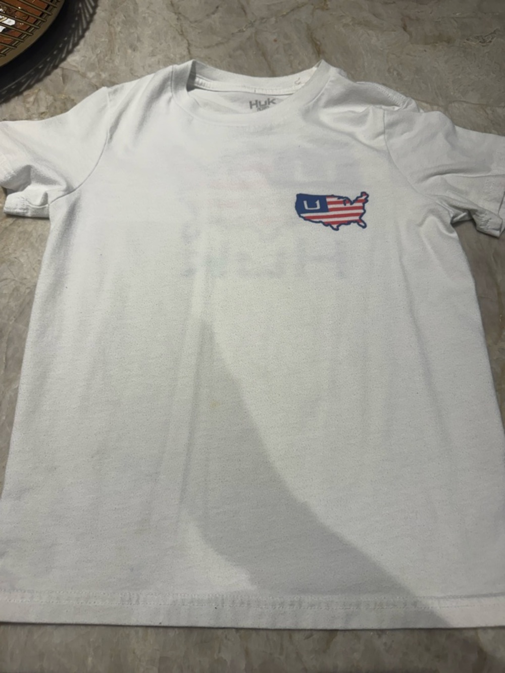 Huk White Short-Sleeve Tee with Red & Blue USA Map Logo